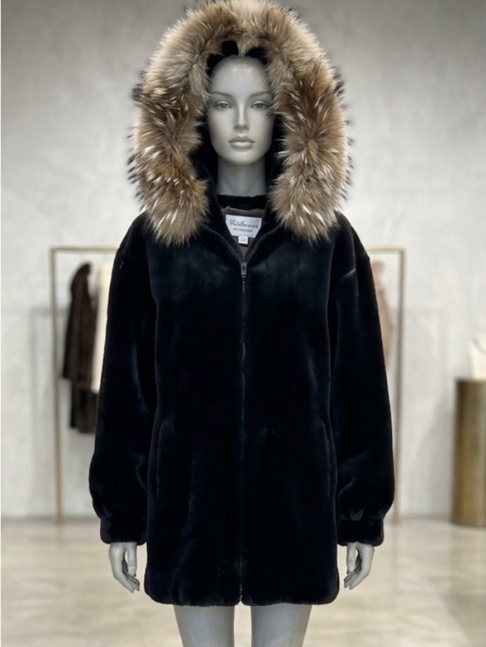 Marvin Richards Black Teddy Jacket with Brown Fur-Trim Hood